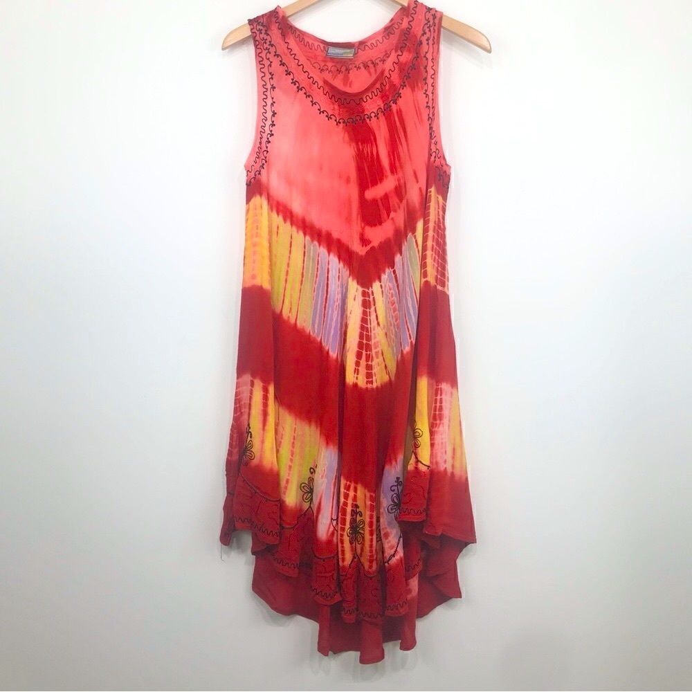 India Boutique Orange Tie Dye Boho Beach Festival sleeveless Dress